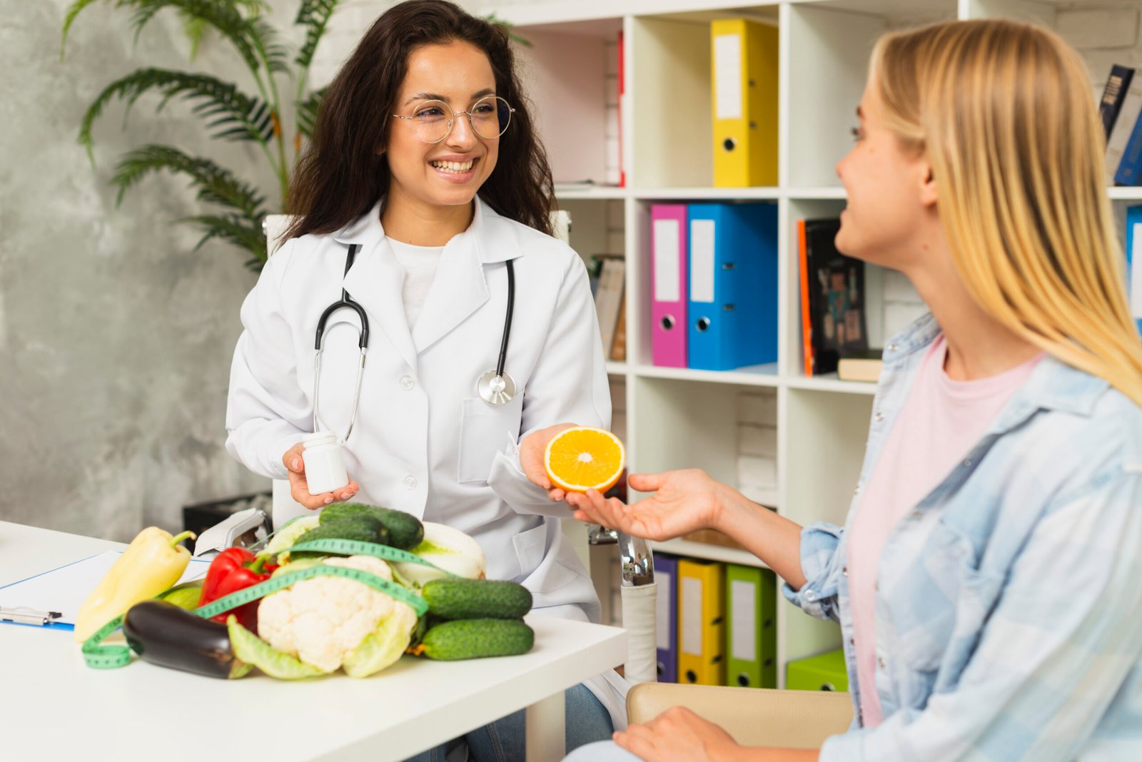 medium shot women talking about fruits